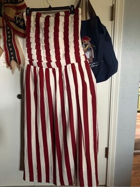 Red and White Striped Strapless Maxi Dress